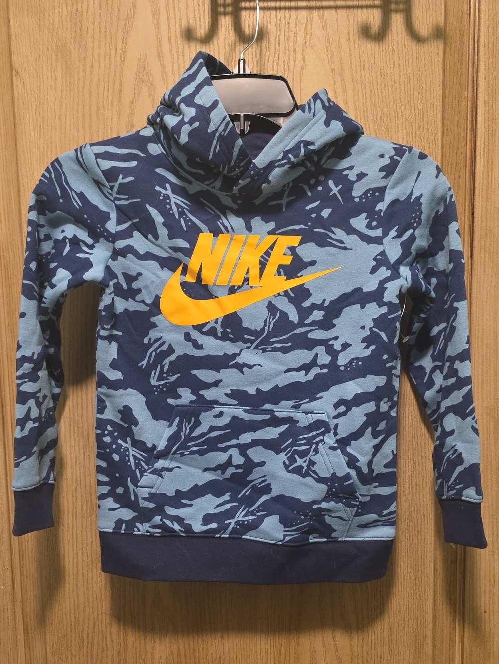 Nike Kids Blue Camo Hoodie with Yellow Swoosh